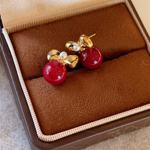 Pendientes De Botón Con Lazo Y Perla Artificial Roja Con Poste De Plata De Ley 925 Joyería De Aleación Elegante Para Mujer