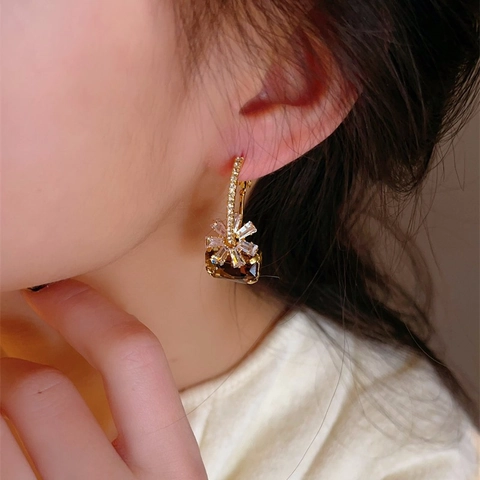 French Retro Flower Drop Earrings With 925 Sterling Silver Earring Post Zircon Geometric Amber Brown Crystal For Women
