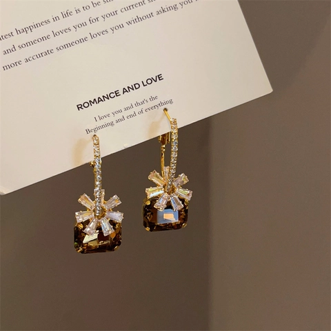 French Retro Flower Drop Earrings With 925 Sterling Silver Earring Post Zircon Geometric Amber Brown Crystal For Women