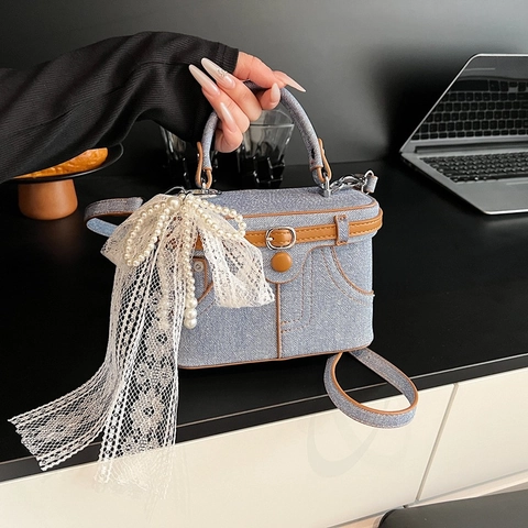 Vintage Denim Stitching Box Handbag With Artificial Pearl Lace Bow Decor Women PU Leather Trim Crossbody Shoulder Bag Small Niche Design