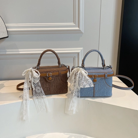 Vintage Denim Stitching Box Handbag With Artificial Pearl Lace Bow Decor Women PU Leather Trim Crossbody Shoulder Bag Small Niche Design