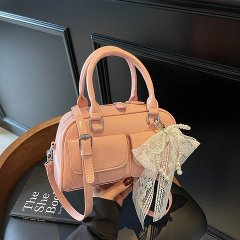 Bolso Boston Mujer Cuero PU Brillante Lazo Encaje Perla Artificial Doble Bolsillo Delantero Mano Bandolera Retro Dulce