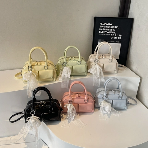 Bolso Boston Mujer Cuero PU Brillante Lazo Encaje Perla Artificial Doble Bolsillo Delantero Mano Bandolera Retro Dulce