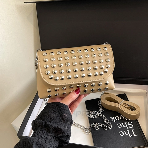 Women PU Leather Crossbody Bag Punk Rivet Decor Metal Chain Strap Small Square Phone Shoulder Bag Flap Magnetic Buckle
