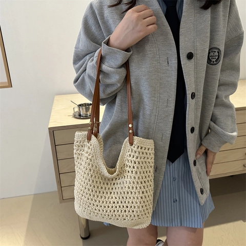 Borsa Tote Intrecciata Traforata all'Uncinetto da Donna Grande Capacità Spiaggia Vacanza Spalla Cinghie in Pelle Bohemien