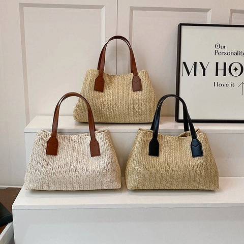 Women's Korean Style Handwoven Straw Handbag PU Leather Handle Casual Basket Bag Small Tote Beach Vacation Purse