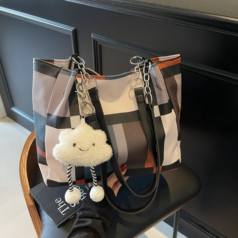 Women PU Leather Tote Bag Large Capacity Geometric Plaid Color Block Shoulder Bag With Chain Strap And Cloud Charm Casual Commuter