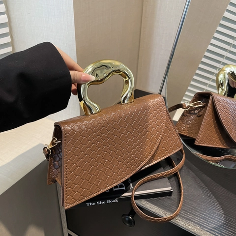Women Fashion Crossbody Bag PU Leather Embossed Woven Texture Handbag With Unique Irregular Gold Metal Handle Chic Shoulder Bag