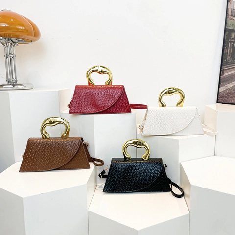 Women Fashion Crossbody Bag PU Leather Embossed Woven Texture Handbag With Unique Irregular Gold Metal Handle Chic Shoulder Bag