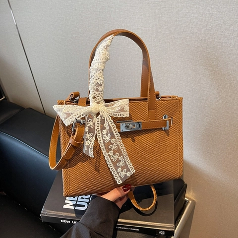 Women Vintage PU Leather Crossbody Bag With Lace Bow Decor Large Capacity Weave Texture Handbag Shoulder Tote Bag For Daily
