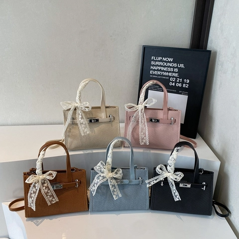 Women Vintage PU Leather Crossbody Bag With Lace Bow Decor Large Capacity Weave Texture Handbag Shoulder Tote Bag For Daily