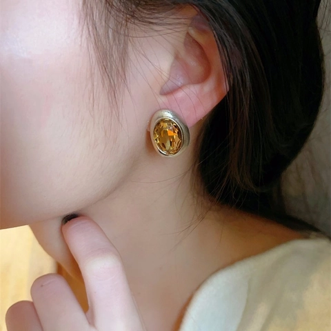Orecchini A Lobo Geometrici Ovali In Metallo Spazzolato E Vetro Con 925 Sterling Silver Earring Post Gioielli Eleganti