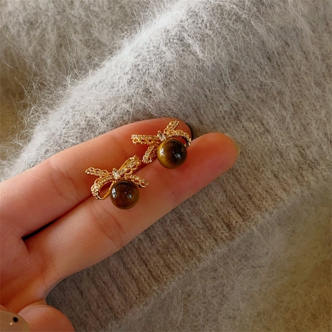 Bowknot Stud Earrings With Tiger Eye Stone Zircon Micro Inlaid Gold Plated Alloy And 925 Sterling Silver Earring Post