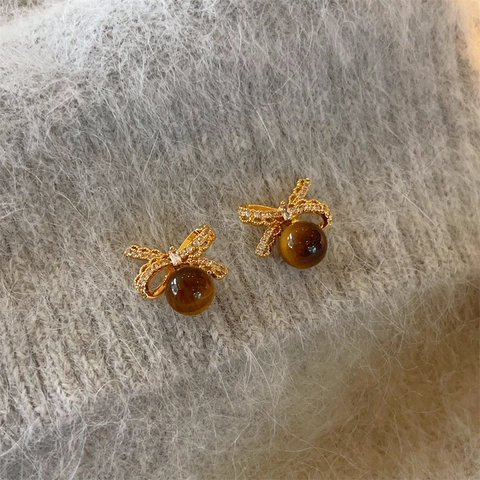 Bowknot Stud Earrings With Tiger Eye Stone Zircon Micro Inlaid Gold Plated Alloy And 925 Sterling Silver Earring Post