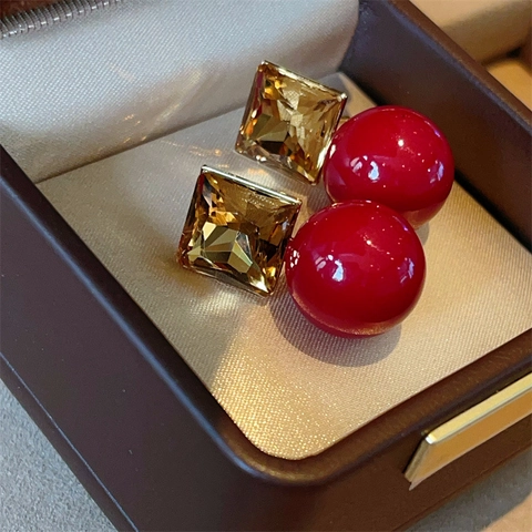 Orecchini A Lobo Geometrici Vintage Quadrati In Cristallo Di Vetro Con Perla Artificial Sintetica E Perno In Argento Sterling 925