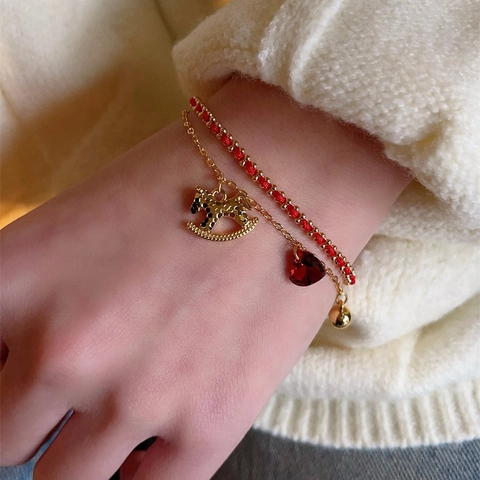 Chinese Style New Year Red String Rocking Horse Heart Charm Bracelet Double Layer Beaded Chain Jewelry For Women Gift