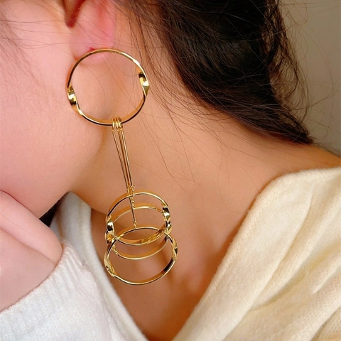 Exaggerated Geometric Multi-Layer Circle Long Dangle Earrings 18K Gold Plated Copper Jewelry With Earring Post