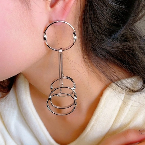 Exaggerated Geometric Multi-Layer Circle Long Dangle Earrings 18K Gold Plated Copper Jewelry With Earring Post