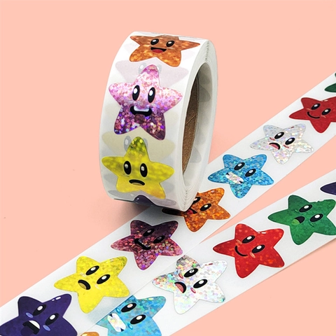 Adesivi Stella Laser Olografici Glitter Espressione Cartone Animato Etichette Premio Per Bambini Classe Decorazione Regalo