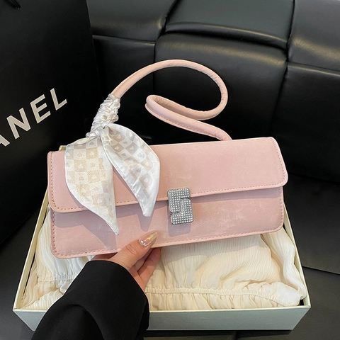 Women PU Leather Underarm Shoulder Bag With Decorative Satin Scarf Rhinestone Square Buckle Solid Color Elegant Crossbody Handbag Daily Dating
