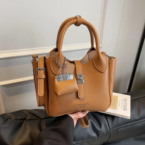 Damen Eimer Handtasche Mit Lychee Muster PU Leder Metallschloss Mini Anhänger Schultertasche Umhängetasche Pendler