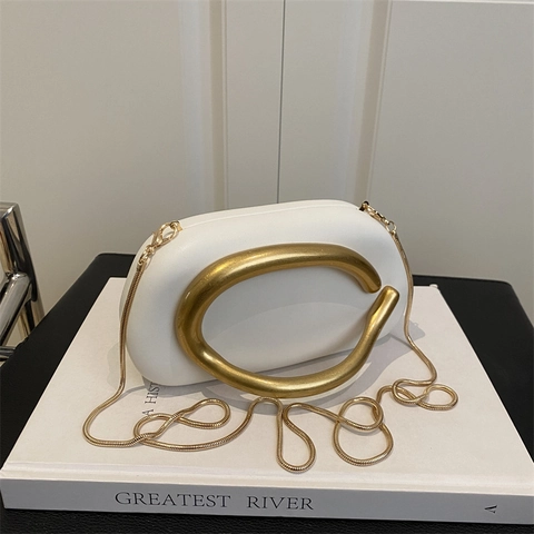 PU Leather Women Small Crossbody Bag Large Gold Metal Handle Removable Chain Strap Evening Clutch Trendy Artistic Purse