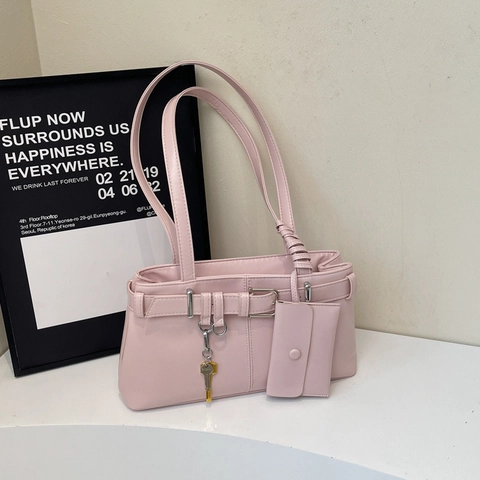 Women Fashion PU Underarm Bag Retro Y2K Shoulder Bag With Detachable Mini Pouch Key Charm For Casual Daily Commute