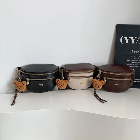 Mode PU Leder Brusttasche Für Frauen Vintage Color-Block Gürteltasche Mit Breitem Jacquard Gurt Und Bären Anhänger