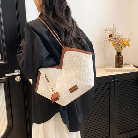 Damen PU-Leder Tragetasche Mit Großer Kapazität Vintage V-Ausschnitt Webmuster Schultertasche Pendler Alltagshandtasche