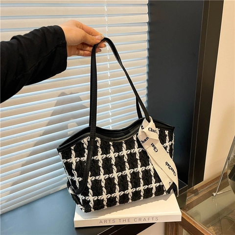 Dames Vintage Tweed Geruite Tote Bag Met Lintdecoratie Minimalistische Elegante Schoudertas Voor Dagelijks Kantoor Handtas