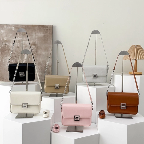 Vintage Women Crossbody Bag PU Leather Elegant Small Square Underarm Bag With Chain Strap Retro Versatile Flip Top