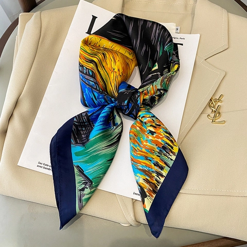Foulard Quadrato Donna Elegante Simil Raso Fazzoletto Da Collo Van Gogh Pittura A Olio Stampa Artistica Vintage Moda Accessorio
