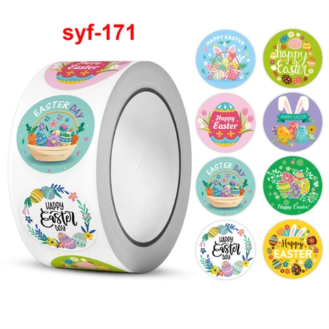Adesivi Buona Pasqua Rotolo Tondo Etichetta Autoadesiva Coniglio Cartone Animato Uova Colorate Per Confezioni Regalo Decorazione