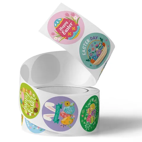 Adesivi Buona Pasqua Rotolo Tondo Etichetta Autoadesiva Coniglio Cartone Animato Uova Colorate Per Confezioni Regalo Decorazione