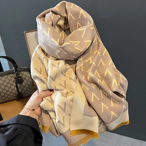 Winter Scarf Shawl Imitation Cashmere Thickened Double Sided Geometric Pattern Tassel Hem Soft Wrap For Women