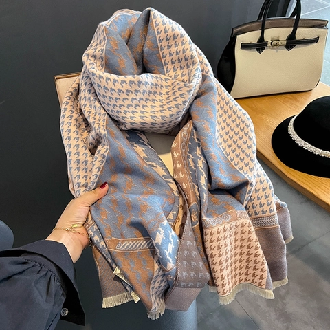 Sciarpa Scialle Donna Patchwork Pied De Poule Caldo Inverno Lungo Frange