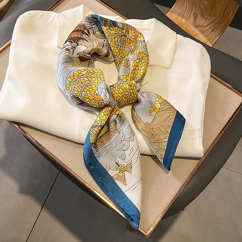 Square Scarf Elegant Imitation Satin Floral Landscape Print Lightweight Head Neck Wrap For Women
