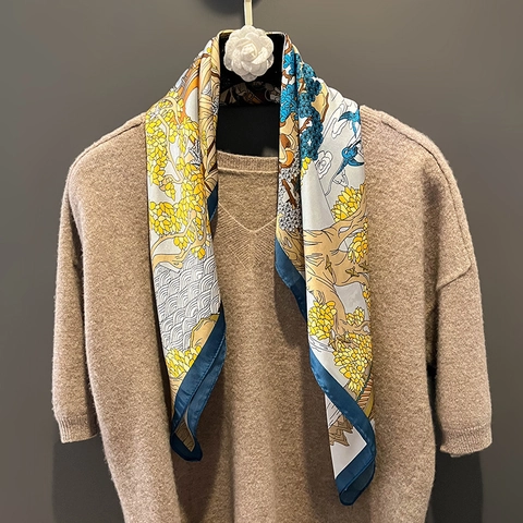 Square Scarf Elegant Imitation Satin Floral Landscape Print Lightweight Head Neck Wrap For Women