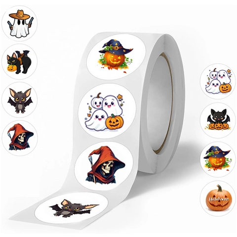 Happy Halloween Stickers Round Adhesive Labels Cartoon Pumpkin Ghost Bat For Gift Box Packaging Seal DIY Decoration