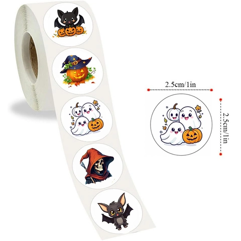 Happy Halloween Stickers Round Adhesive Labels Cartoon Pumpkin Ghost Bat For Gift Box Packaging Seal DIY Decoration