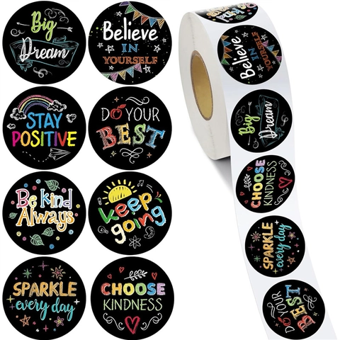 Motivational Stickers Round Adhesive Labels Inspirational Quotes Teacher Reward Gift Sealing Scrapbooking Decor Hand-Drawn Chalk Style