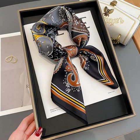 Vintage Mulberry Satin Paisley Print Square Scarf Elegant Lightweight Fashion Neckerchief For Women Retro Accessory