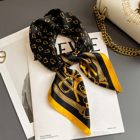 Women Satin Square Scarf Mulberry Satin Equestrian Horse Bit Print Retro Elegant Head Scarf Neck Wrap Fashion Accessory