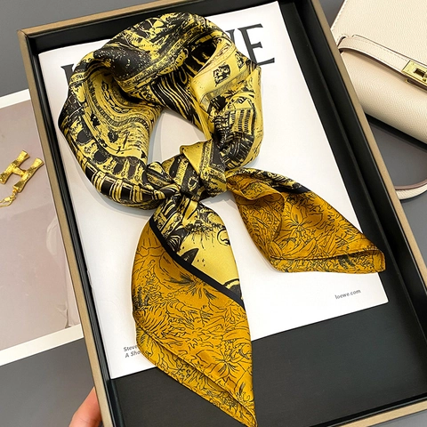 Vintage Mulberry Satin Square Scarf Women Elegant Architecture Floral Print Luxury Neck Tie Decorative Hairband