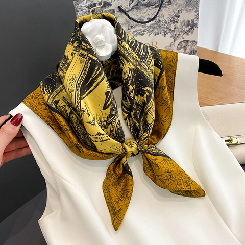 Vintage Mulberry Satin Square Scarf Women Elegant Architecture Floral Print Luxury Neck Tie Decorative Hairband