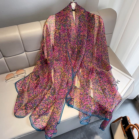 Scialle Da Donna In Raso Artificiale Oversize Stampa Floreale Impressionista Leggera Protezione Solare Per Spiaggia