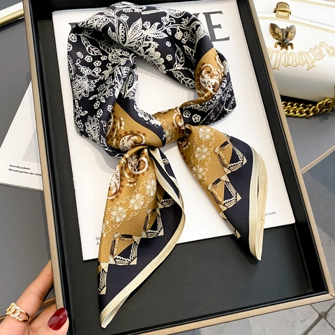 Luxury Mulberry Silk Scarf Retro Floral Paisley Print Square Neck Scarf Elegant Patchwork Hair Handbag Scarf Accessories For Women