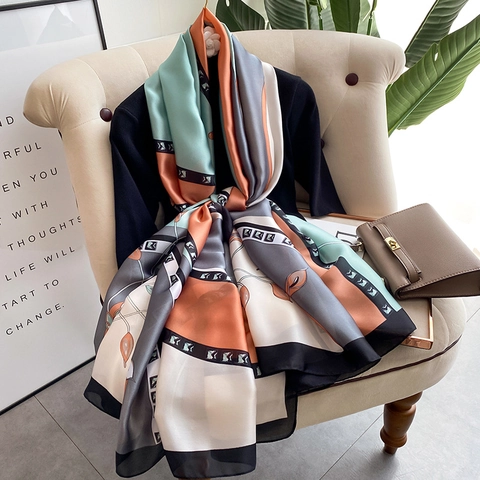 Grande Sciarpa Di Raso Satin Da Donna Patchwork Stampa Floreale Geometrica Morbida Liscia Scialle Da Spiaggia Moda Elegante