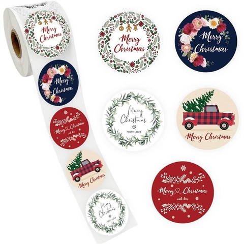 Runde Weihnachtsaufkleber Merry Christmas Grußetiketten Für Feiertagsgeschenkbox Dekoration Blumen Truck Muster Rolle Selbstklebend