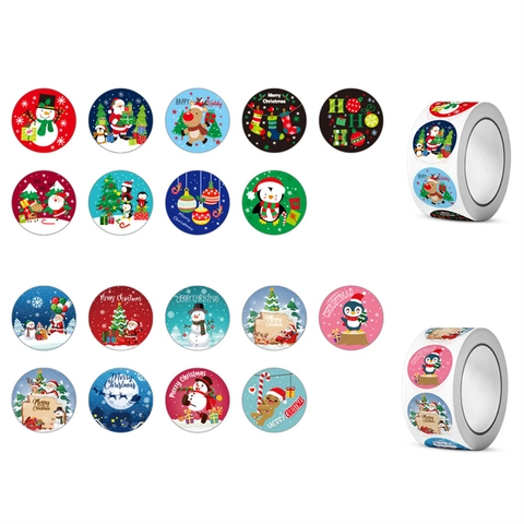 Stickers Noël Rouleau Étiquettes Rondes Pour Déco Cadeau Vacances Père Noël Bonhomme De Neige Auto Adhésif